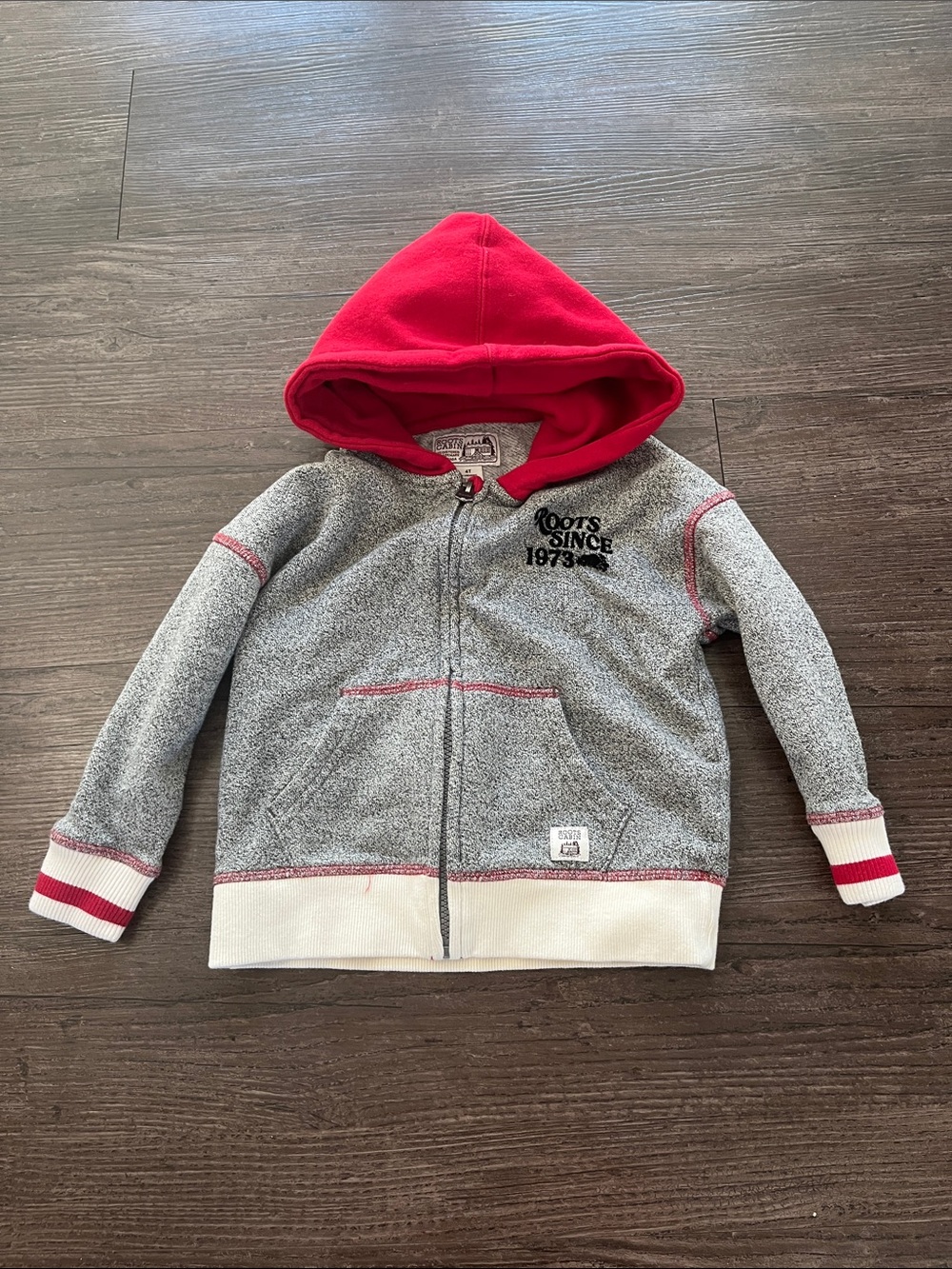 Roots Kids Grey Hoodie with Red Hood & Trim